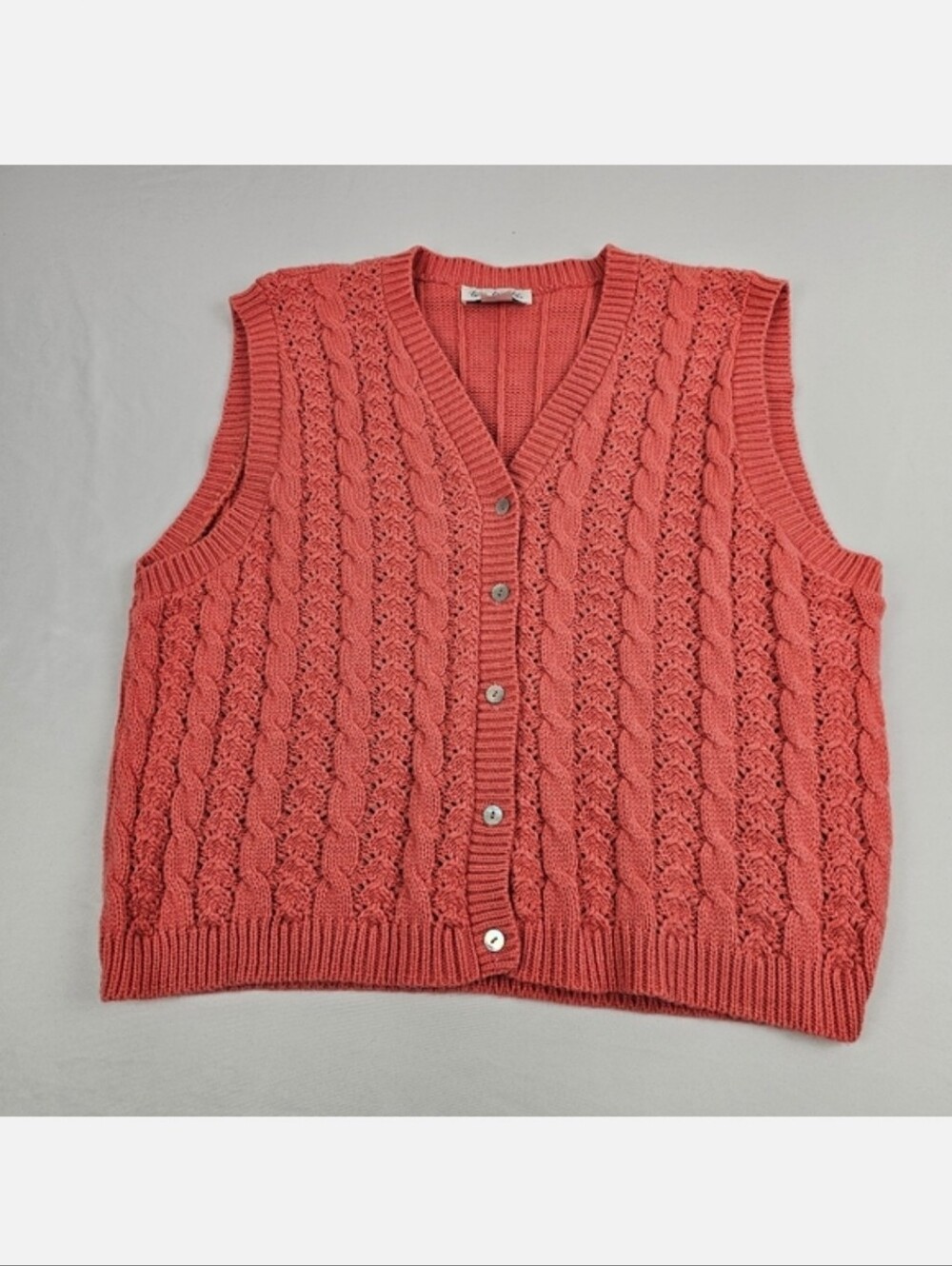 Vintage Two-Twenty Knitwear Vest Cardigan Coral Granny Button Down Large